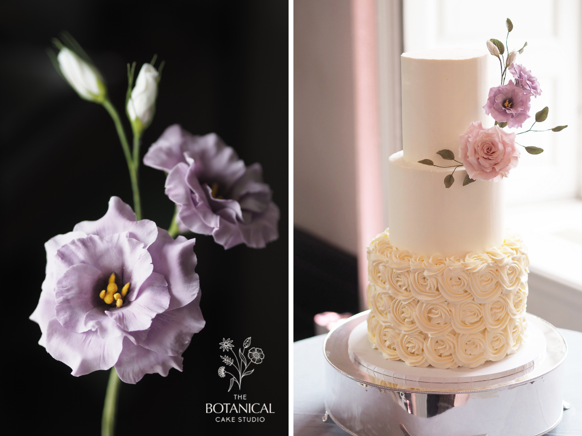 lilac lisianthus sugar flower, a buttercream 3 tier wedding cake with piped rosette tier and statement sugar flowers, dusky pink rose, lilac lisianthus and foliage