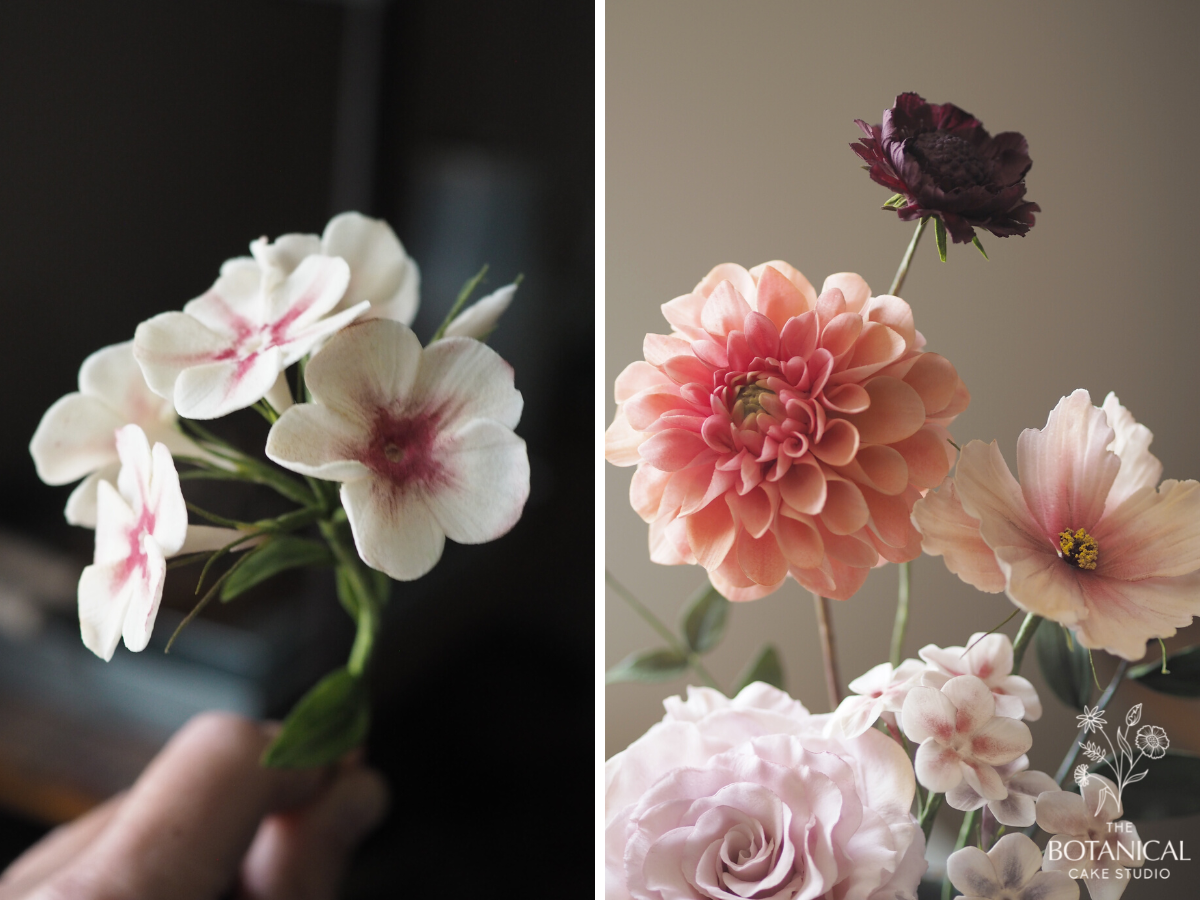 Cherry caramel phlox sugar flowers, peach dahlia, burgundy scabious, blush cosmos, pink phlox and blush rose sugar flowers