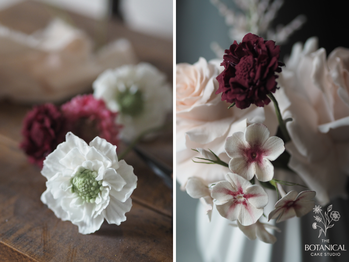 White burgundy and pink scabiosa sugar flowers, burgundy scabiosa, cherry caramel phlox, blush reflexed rose sugar flowers in a white ceramic vase