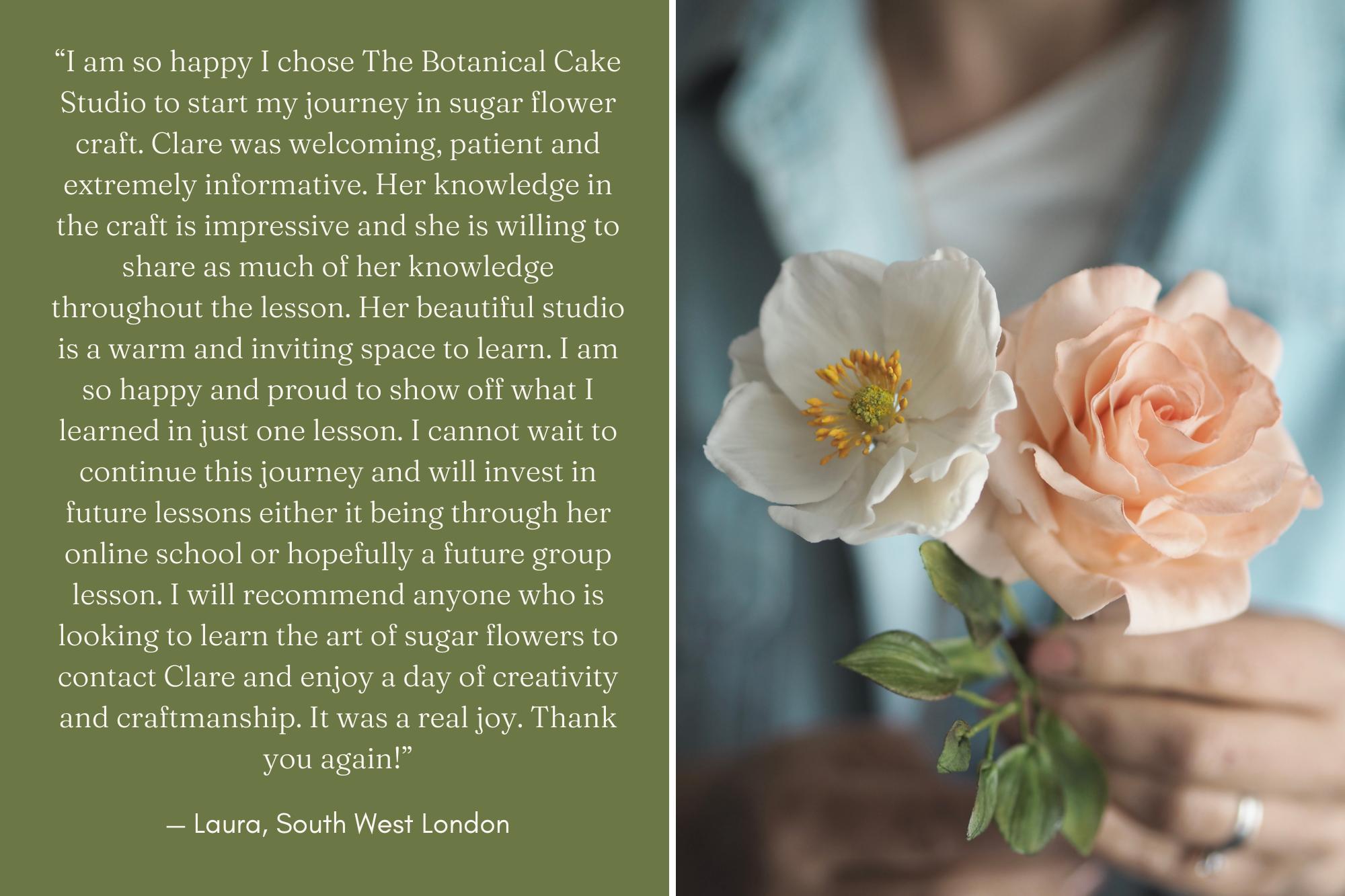 a blush reflexed rose sugar flower and white Japanese anemone and a Google review from the student