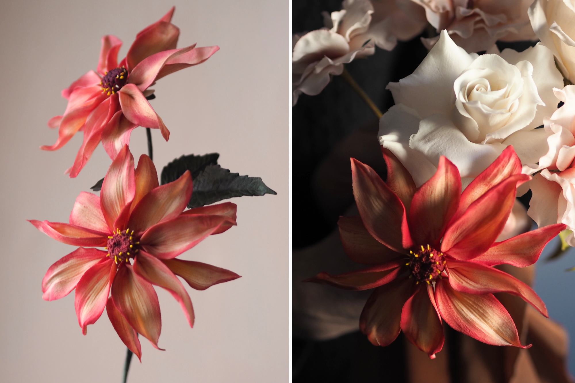 peach and pink dahlia waltzing mathilda sugar flowers in a bouquet