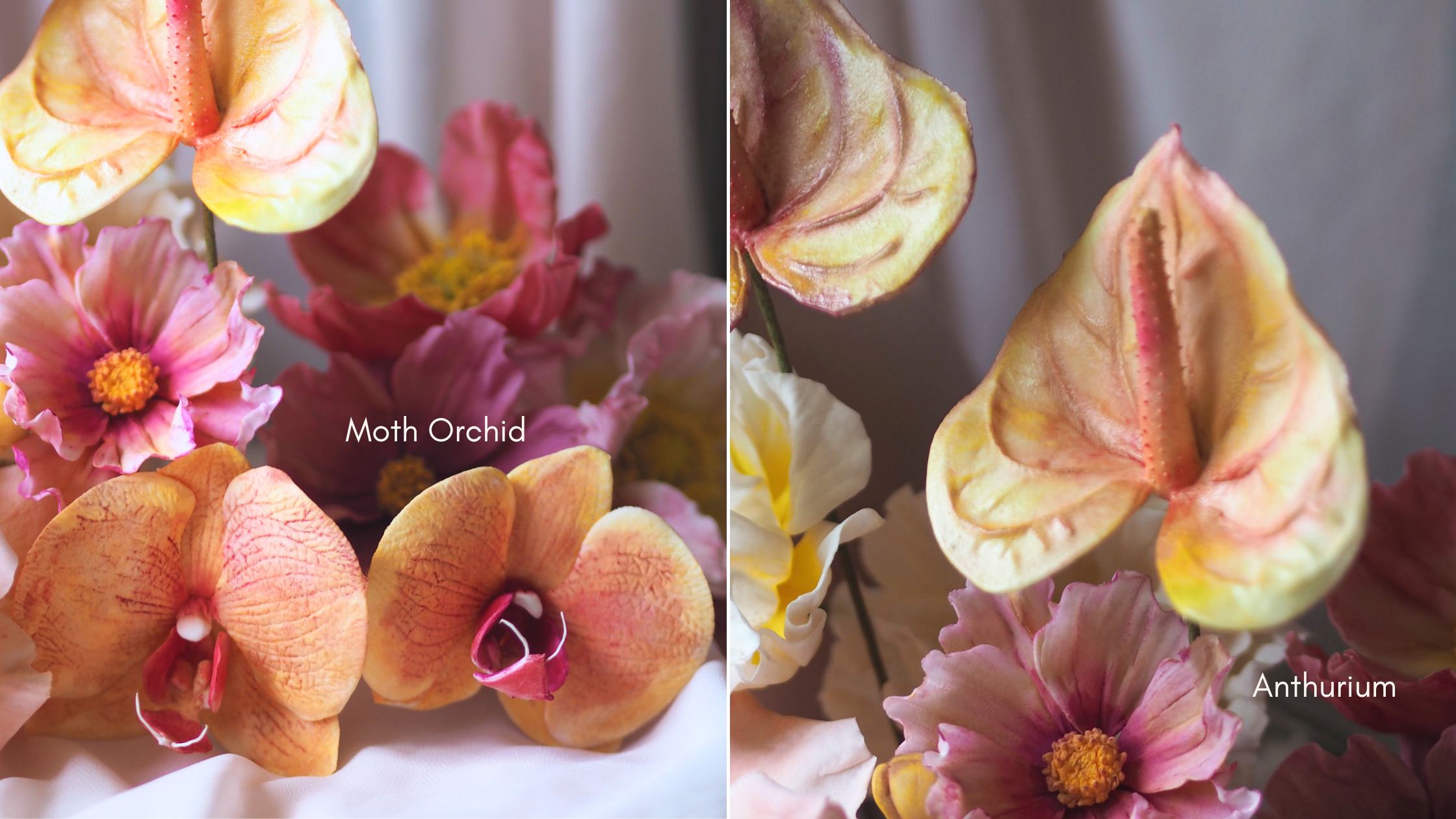 Vibrant colourful sugar flowers including peach and pink moth orchid and lime green and pink anthurium