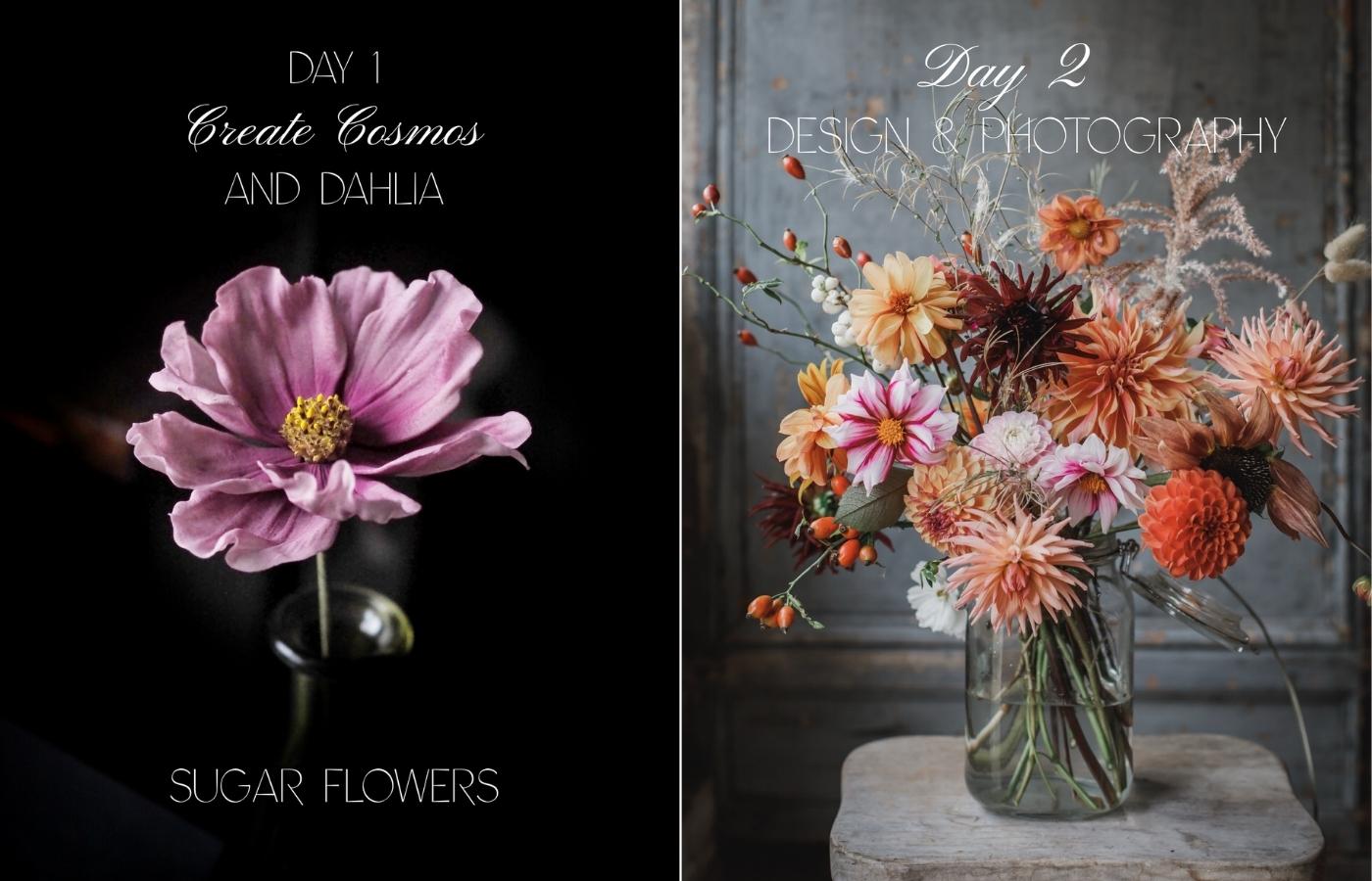 a single pink cosmos sugar flower against a dark background + a fresh September floral arrangement with dahlias and cosmos in pinks, whites, oranges and burgundy