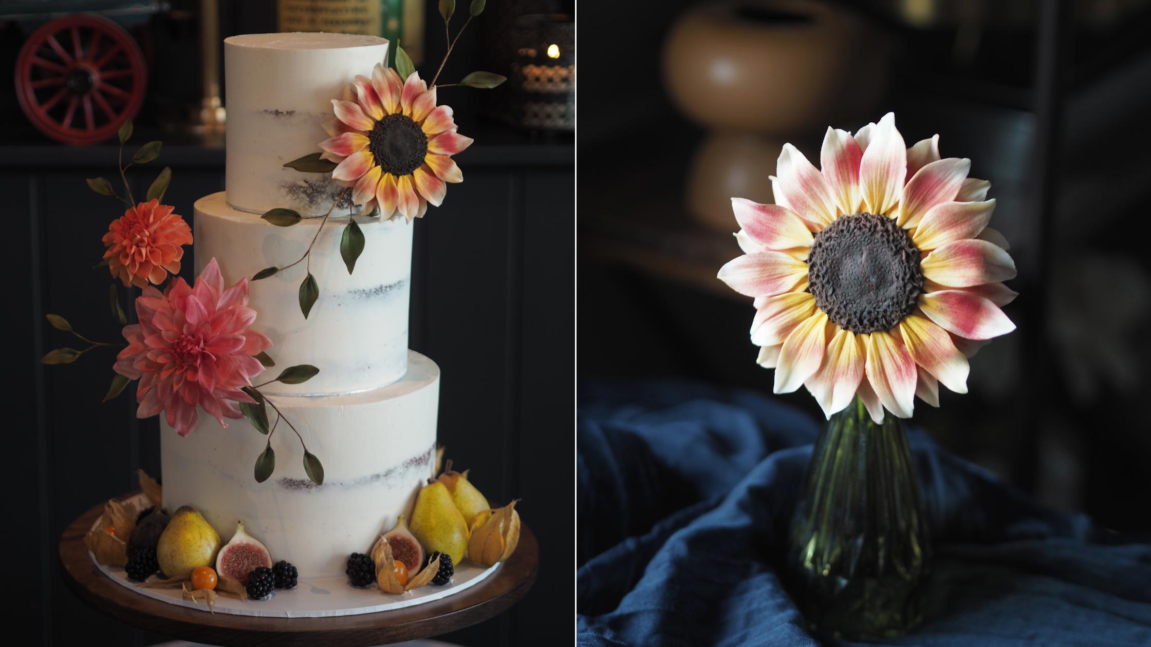 a semi-naked wedding cake with 1 statement ruby eclipse sunflower sugar flower, 2 pink and orange dahlia sugar flowers and fresh autumnal fruits against a dark background; a ruby eclipse sugar flower in a glass vase against a dark background