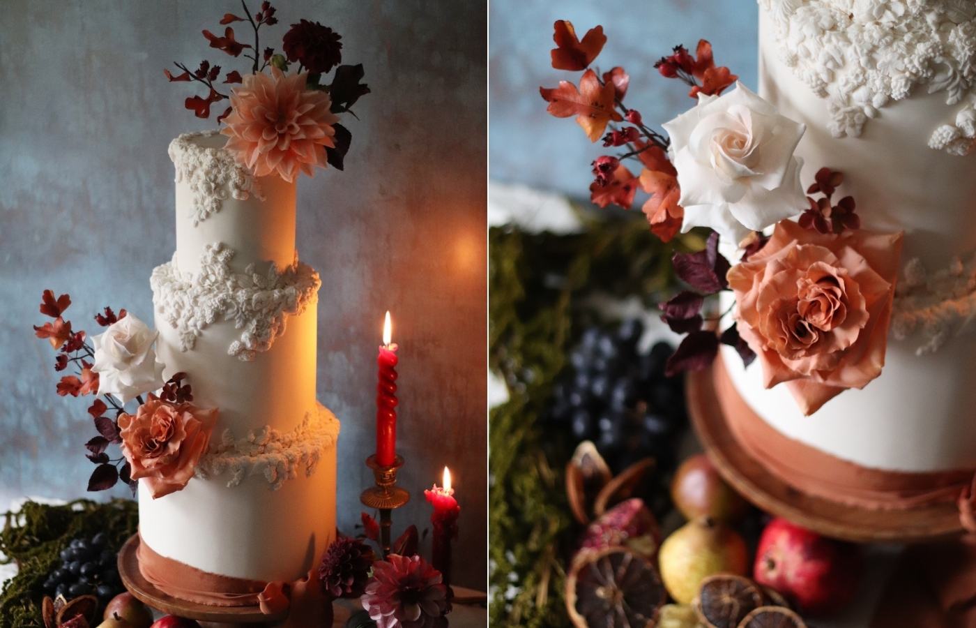 an ivory bas relief 3 tier wedding cake with 2 statement sugar flower arrangements featuring toffee rose, hawthorn foliage + berries, dahlias with candles and autumnal fruits