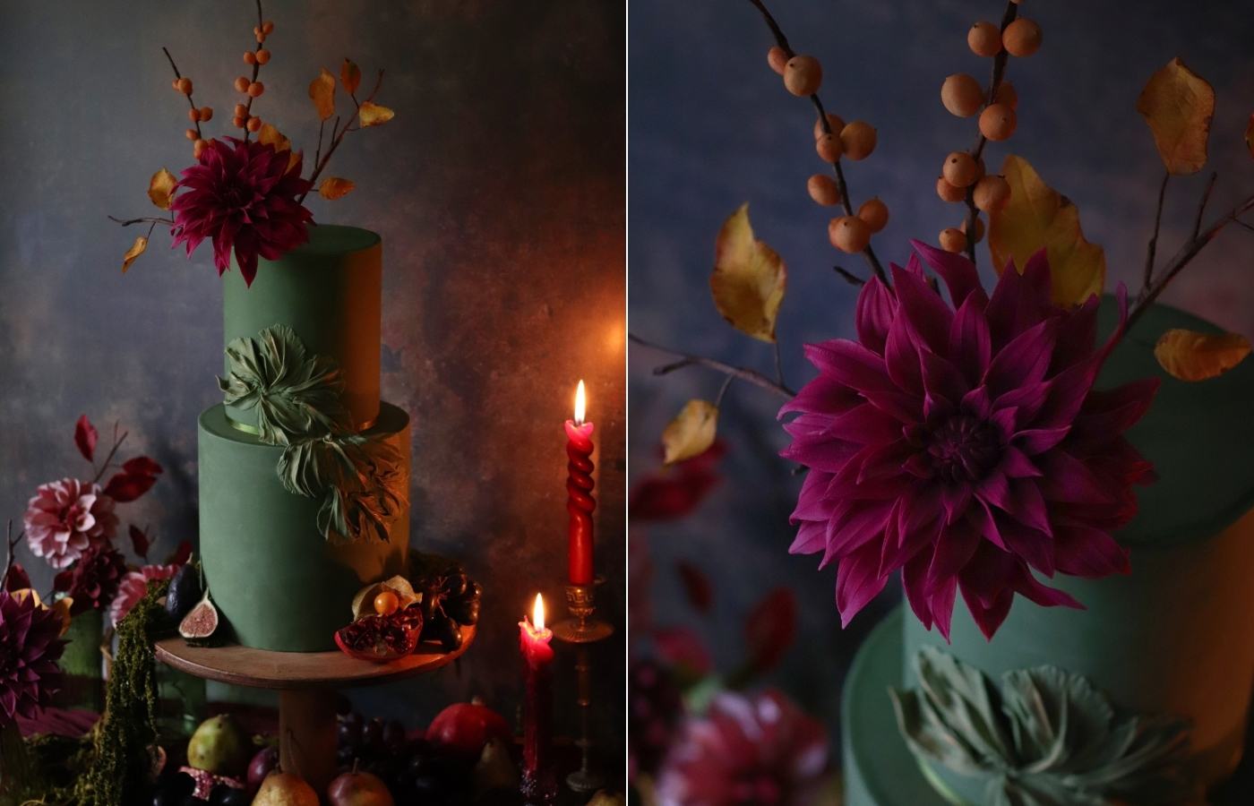 a dark green 2 tier wedding cake with textured draped icing, deep lilac dahlia sugar flower and orange autumn berries in a moody Autumnal setting