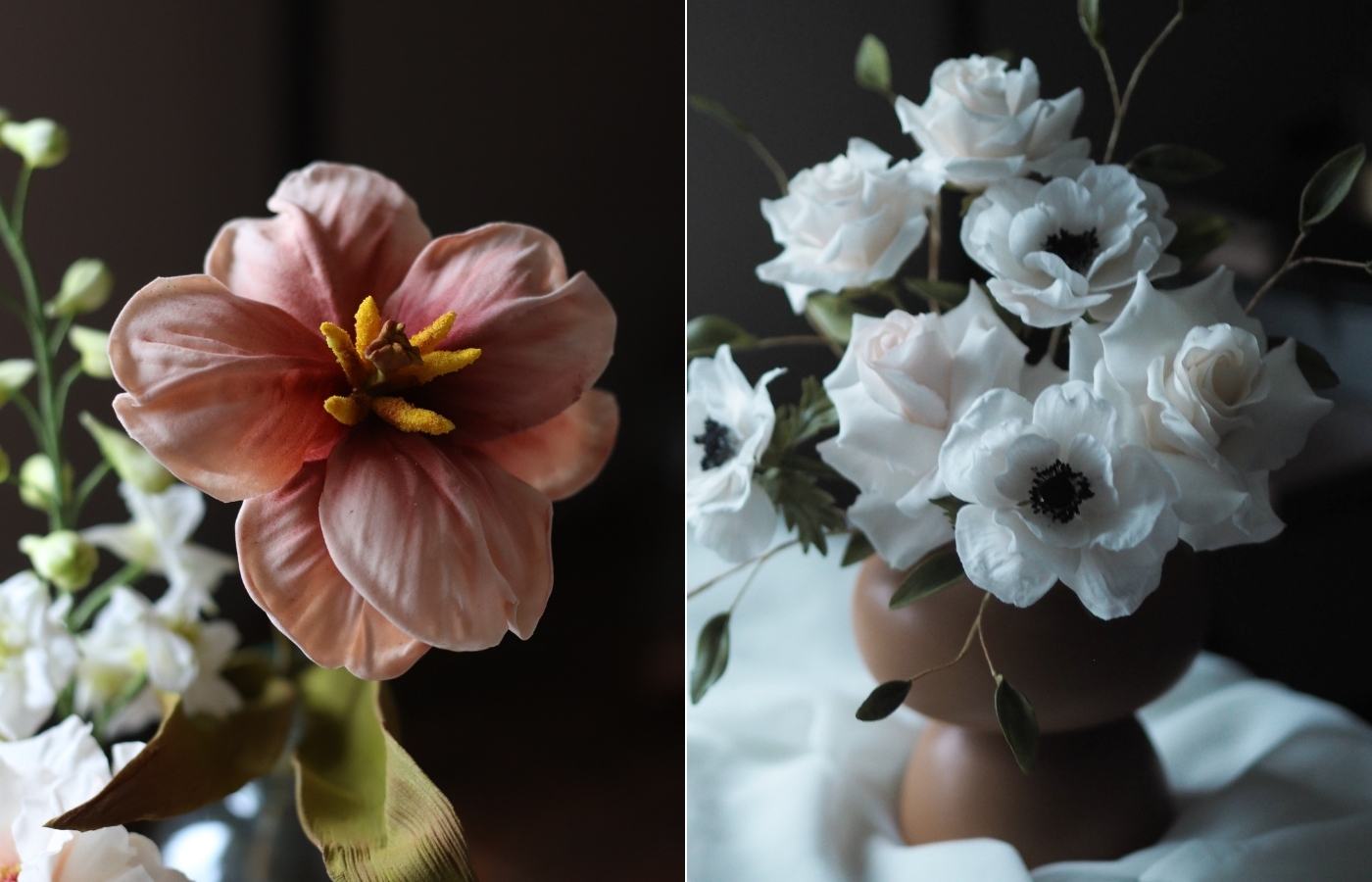 a brown reflexed tulip sugar flower against a dark background; a brown vase with white sugar flowers including anemone mistral and reflexed roses