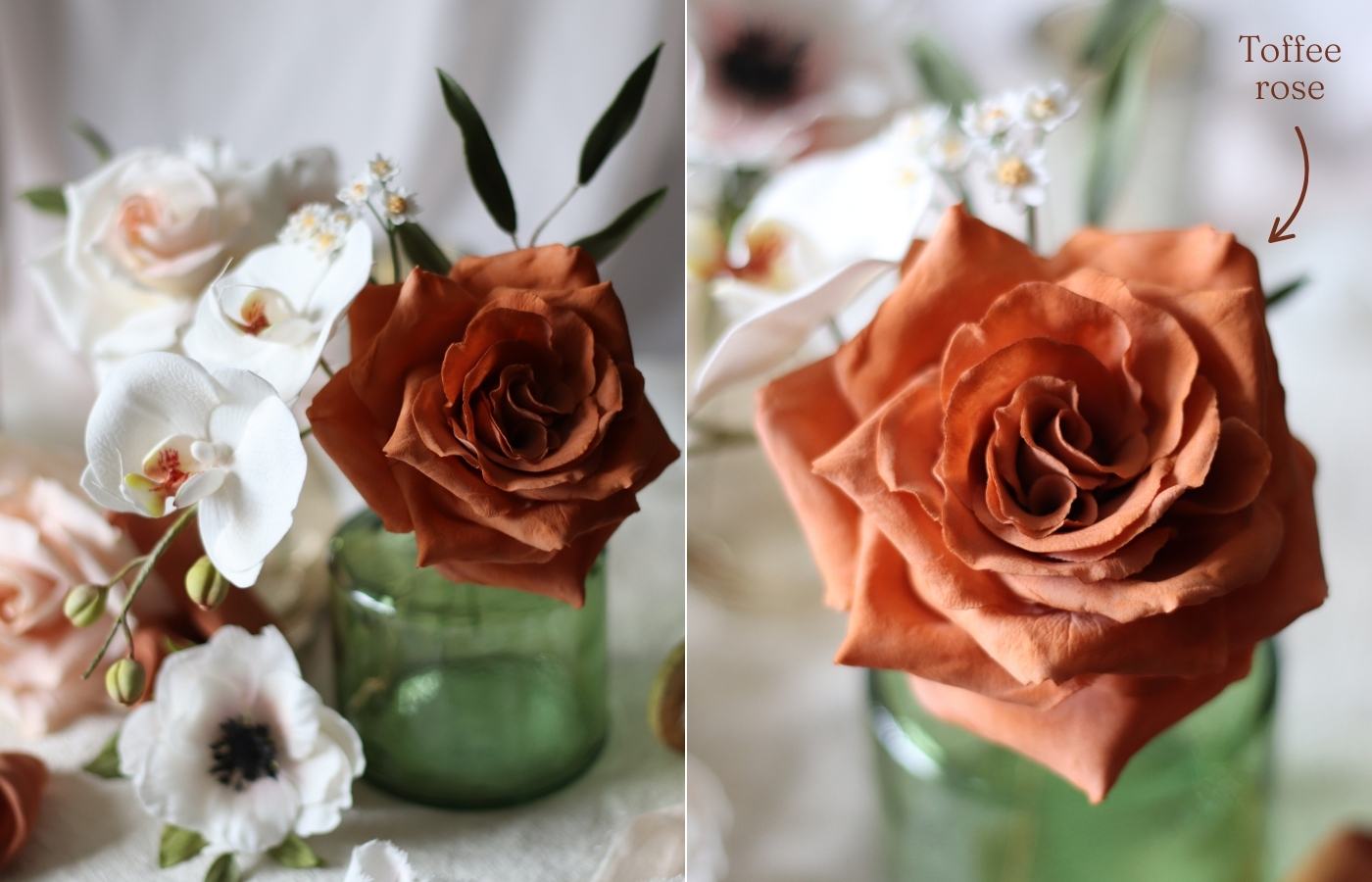 sugar flowers in toffee, blush and white including a toffee rose, white anemone mistral, white moth orchid and blush reflexed roses