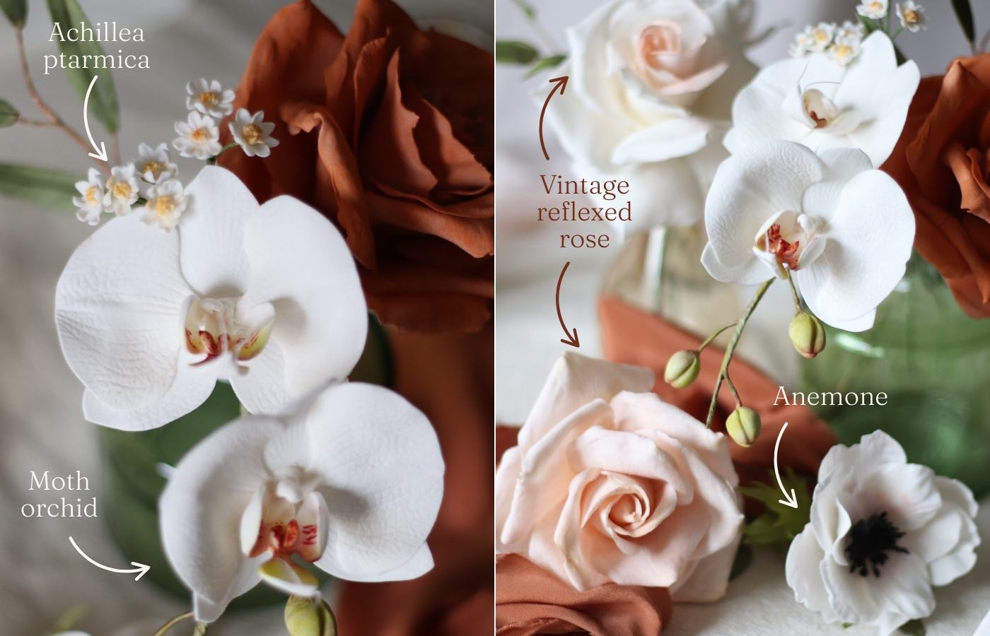 white, caramel and nude sugar flowers including white moth orchid, toffee rose, achillea ptarmica, blush reflexed roses and white anemone