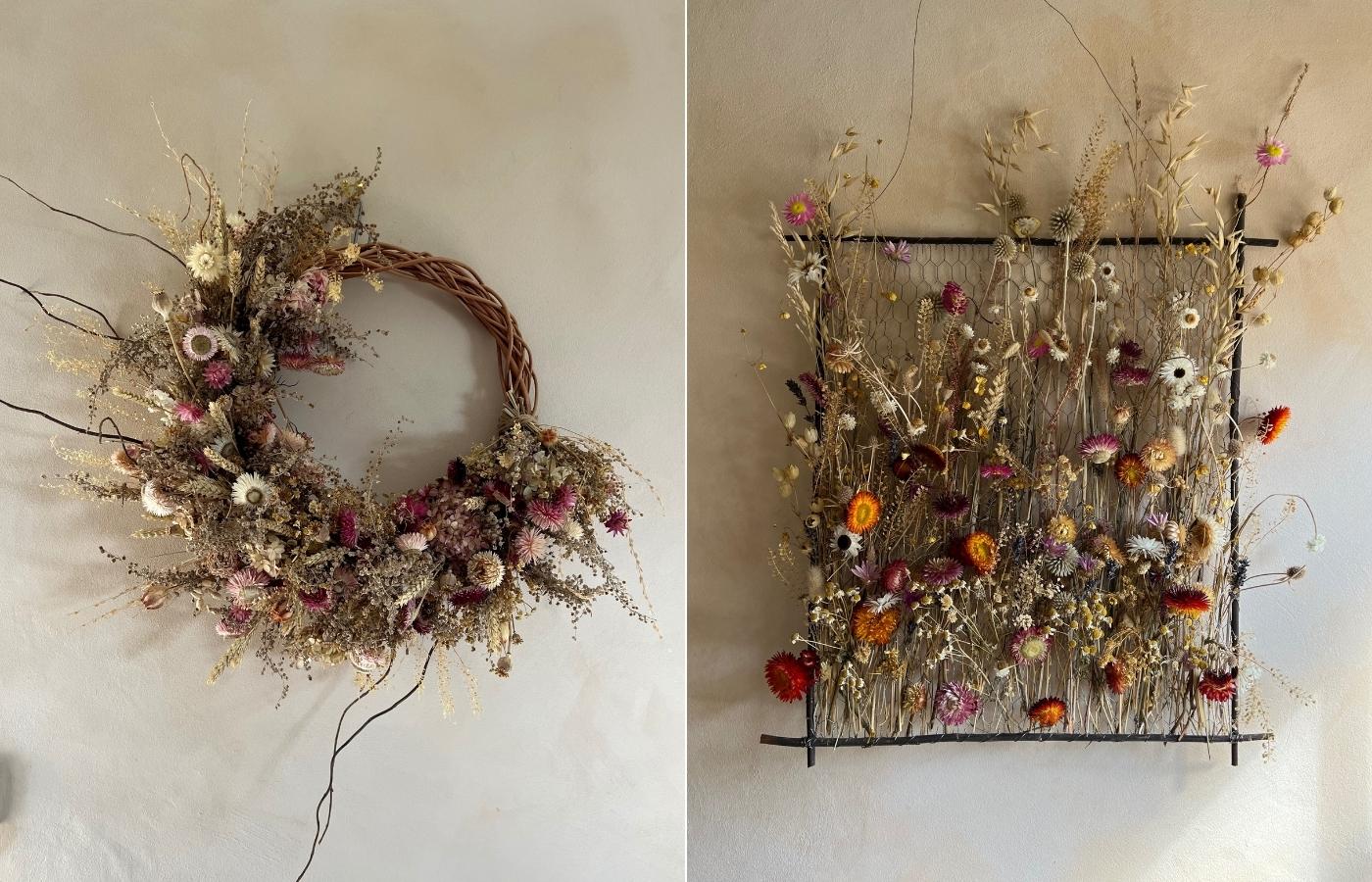 A dried flower wreath hanging on a plastered wall; a dried flower frame made with a kit by Layla Robinson