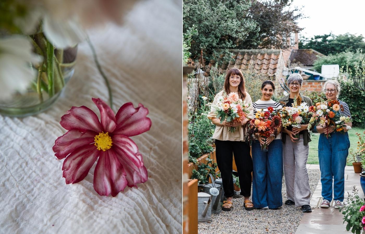 Pink cosmos sugar flower; 4 women standing with dahlia bouquets in a garden in North Yorkshire