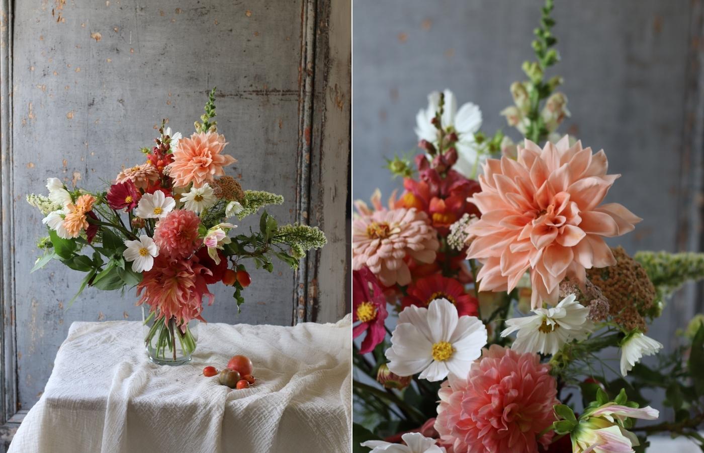 A bouquet of seasonal September flowers including dahlias, cosmos, snapdragons in pinks, whites and peach