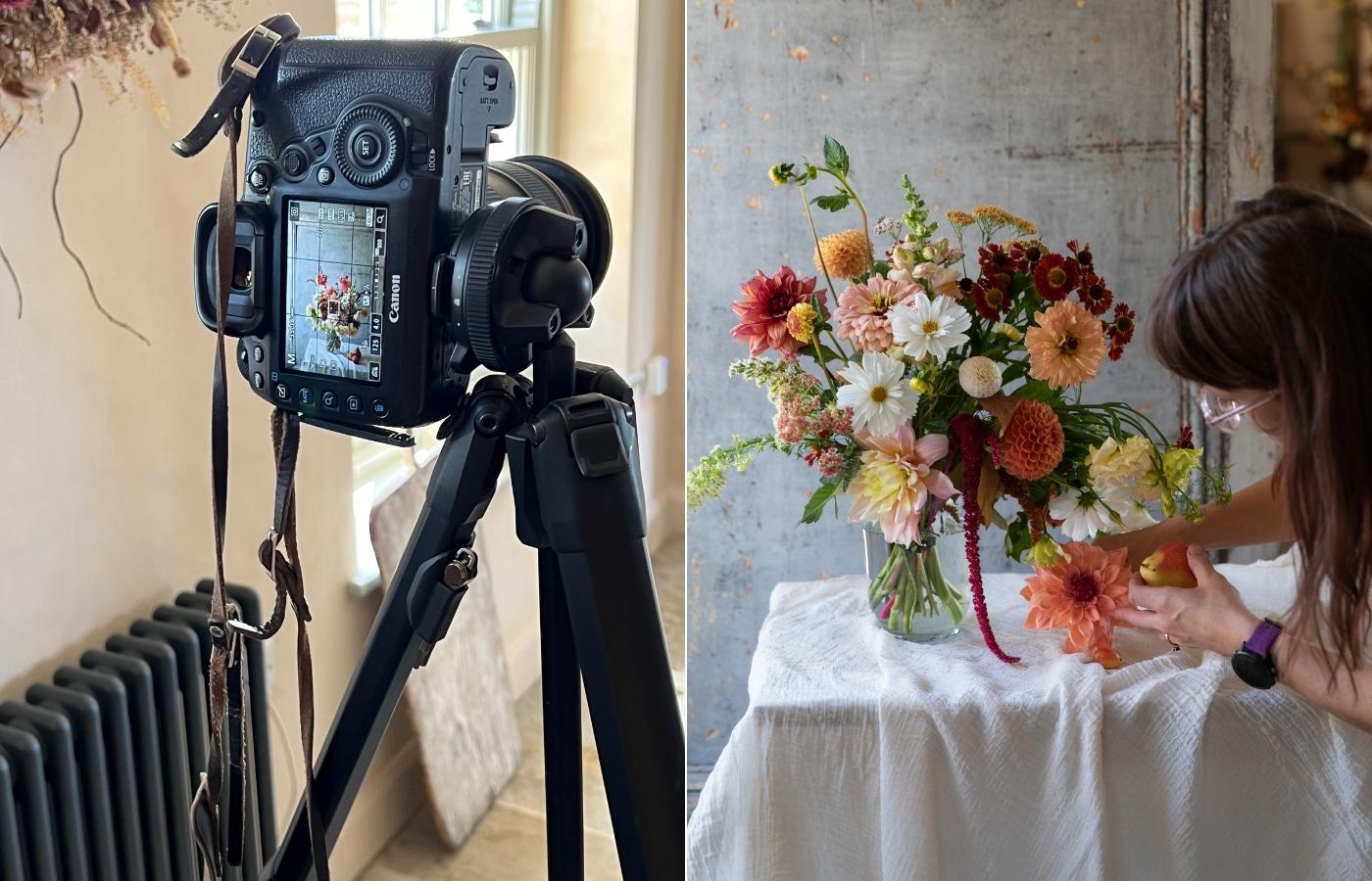 A camera on a tripod; a woman styling a bouquet of flowers