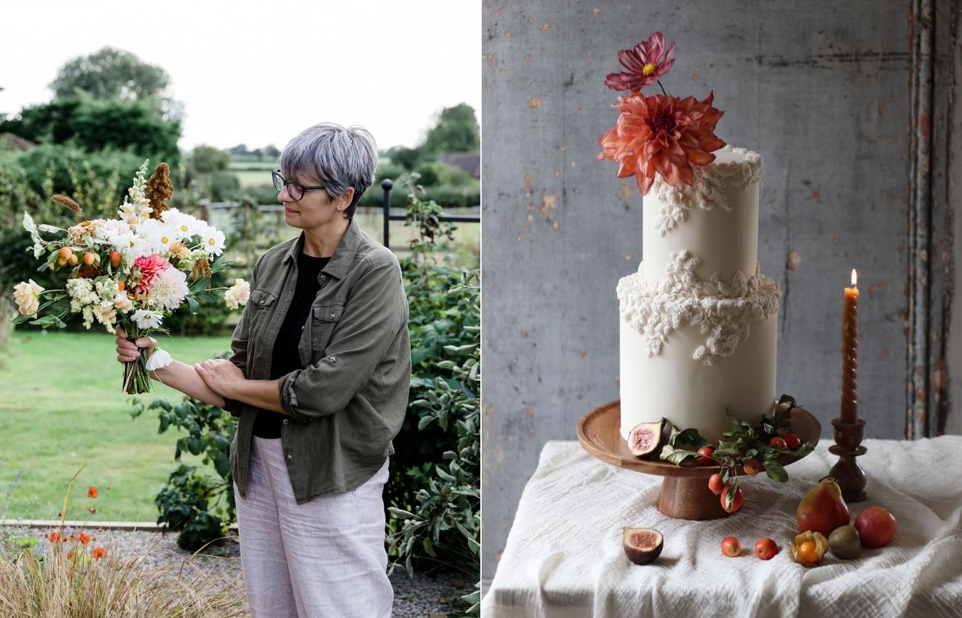 a woman holding a bouquet of flowers in a garden; a 2 tier ivory bas-relief cake with statement dahlia and cosmos sugar flowers and autumnal fruits
