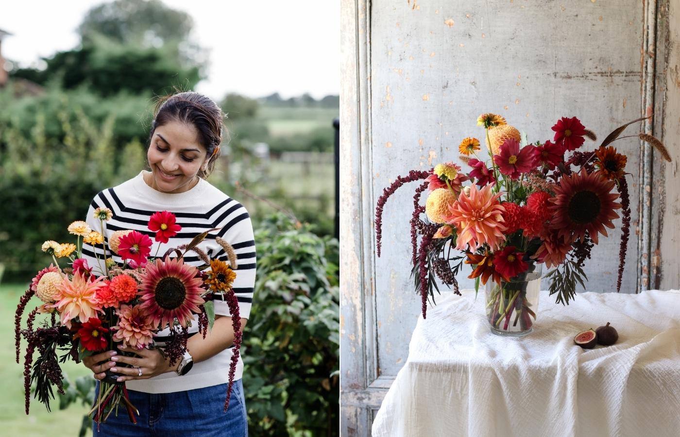 A woman holding a bouquet of flowers in a garden; an autumnal bouquet of dahlias, amaranthus, sunflowers and cosmos in rich jewel tones