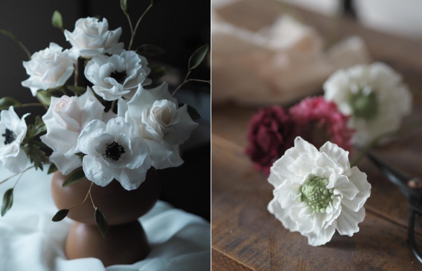 white anemones and roses sugar flowers in a brown vase; white and burgundy scabious sugar flowers