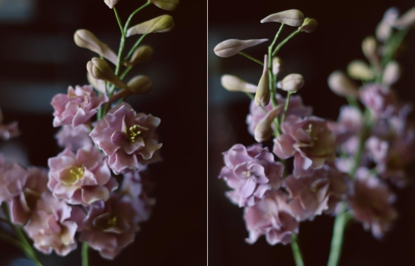 Close-up of larkspur gumpaste flowers showing delicate petals and realistic sugar flower details