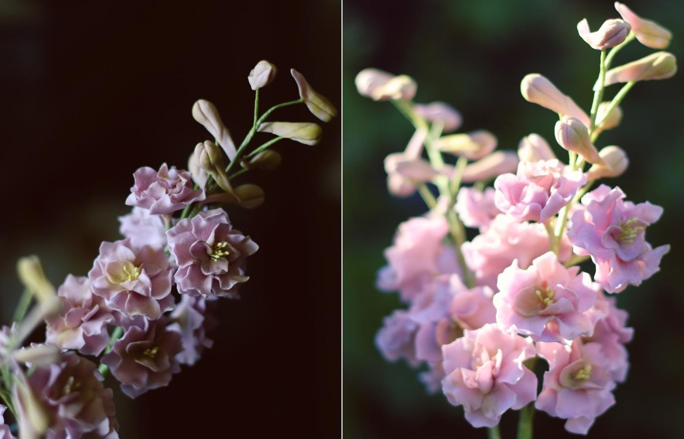 Elegant gumpaste larkspur sugar flowers in soft lavender tones for wedding cake design