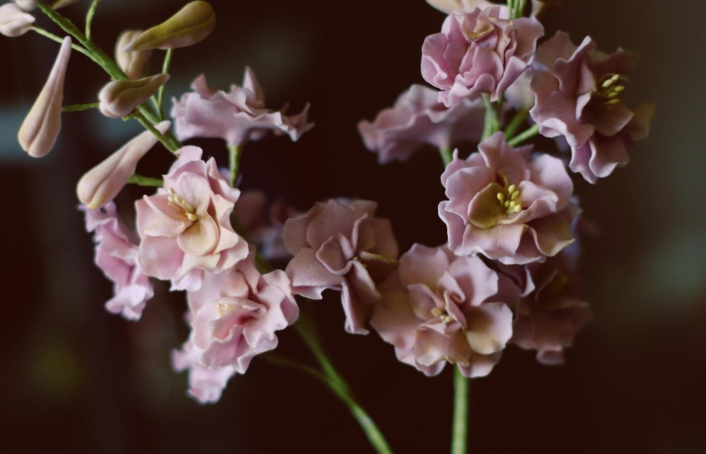 Detailed Misty Lavender larkspur sugar flowers highlighting fine petal shaping and texture