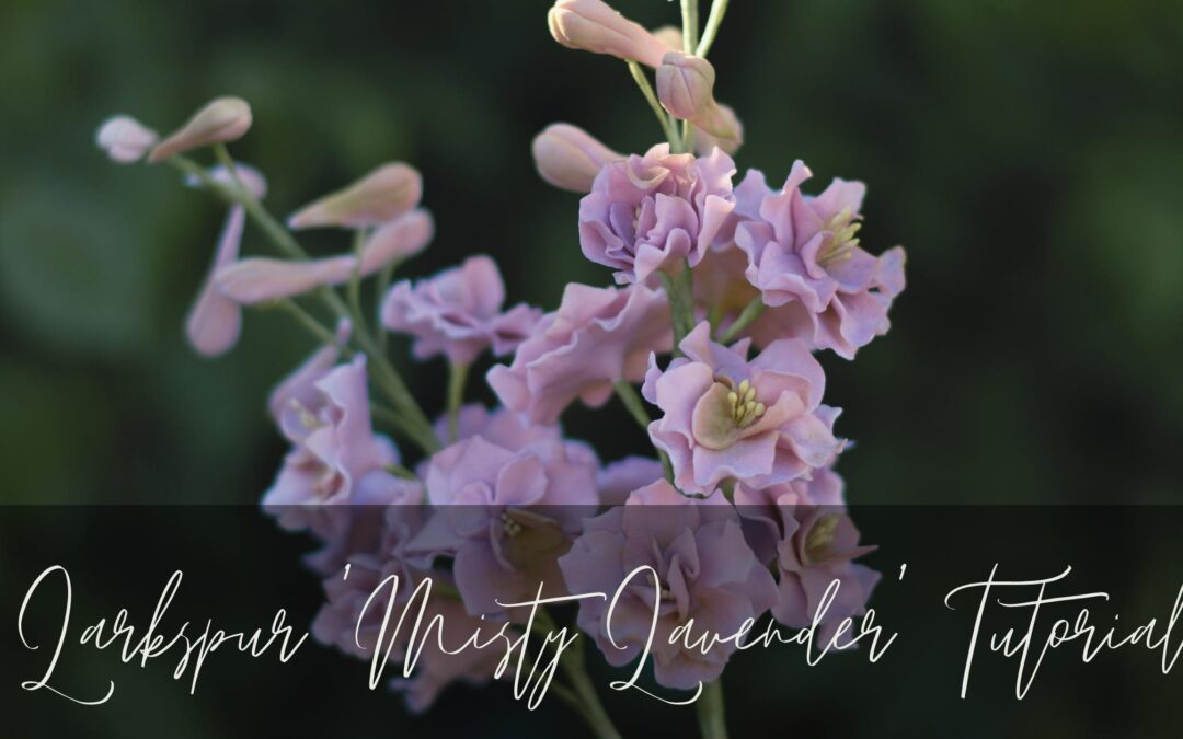 Delicate Misty Lavender larkspur sugar flowers made from gumpaste on wired stems