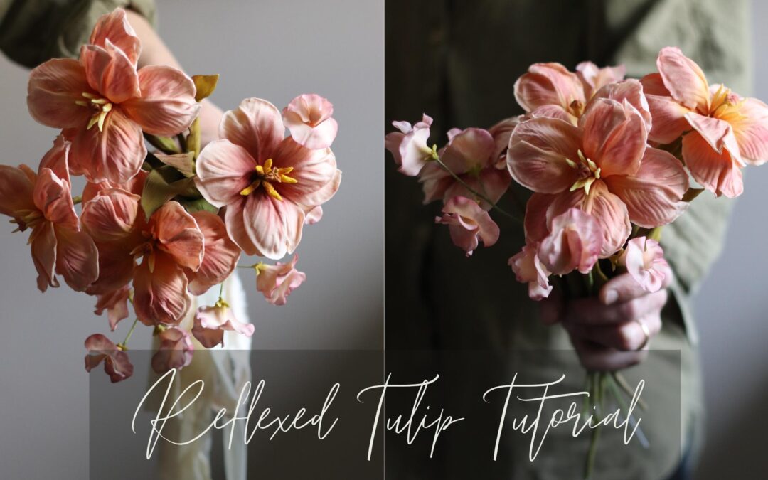 Reflexed tulip gumpaste flowers in soft coral tones arranged as realistic sugar flowers for cake decorating tutorial